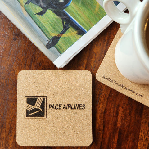 Image of cork coaster with Pace Airlines branding impression.