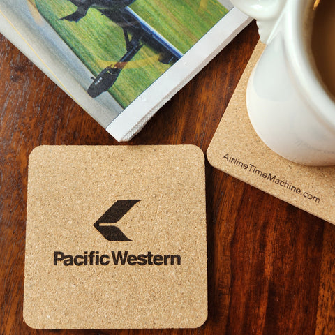 Image of cork coaster with Pacific Western Airlines branding impression.