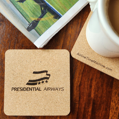 Image of cork coaster with Presidential Airways branding impression.