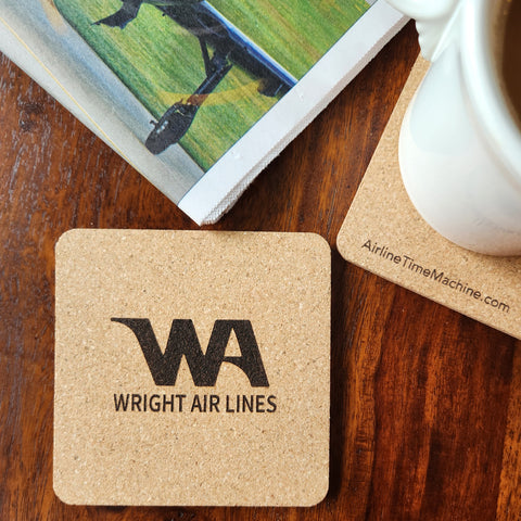 Image of cork coaster with Wright Airlines branding impression.