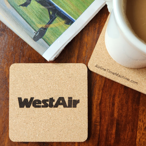 Image of cork coaster with WestAir branding impression.