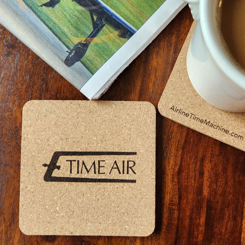 Image of cork coaster with Time Air branding impression.