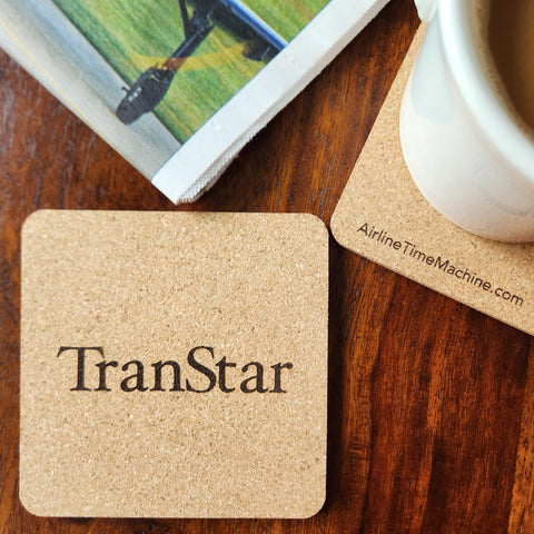 Image of cork coaster with TranStar Airlines branding impression.