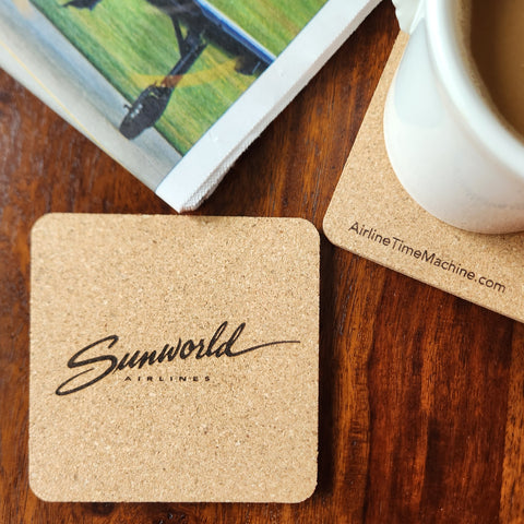 Image of cork coaster with Sunworld Airlines branding impression.