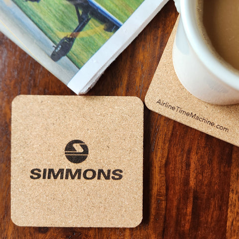 Image of cork coaster with Simmons Airlines branding impression.