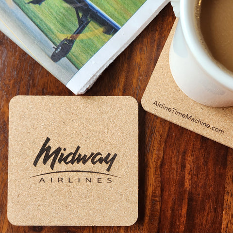 Image of cork coaster with Midway Airlines branding impression.