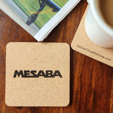 Image of cork coaster with Mesaba Airlines branding impression.