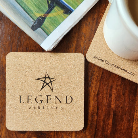 Image of cork coaster with Legend Airlines branding impression.