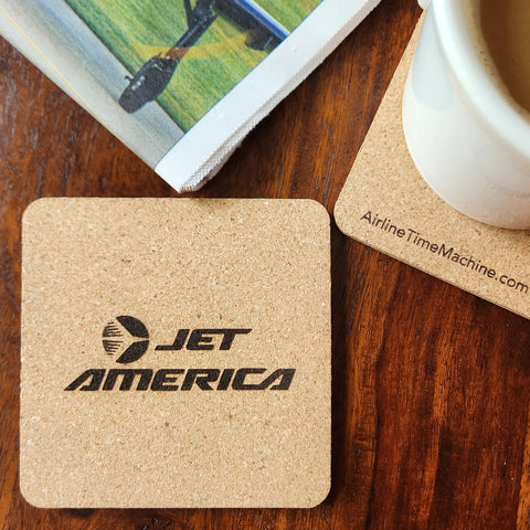 Image of cork coaster with Jet America Airlines branding impression.