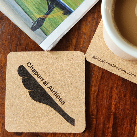 Image of cork coaster with Chaparral Airlines branding impression.