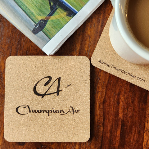 Image of cork coaster with Champion Air branding impression.