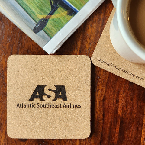 Image of cork coaster with Atlantic Southeast Airlines (ASA) branding impression.
