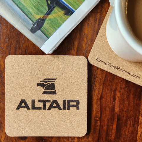 Image of cork coaster with Altair Airlines branding impression.