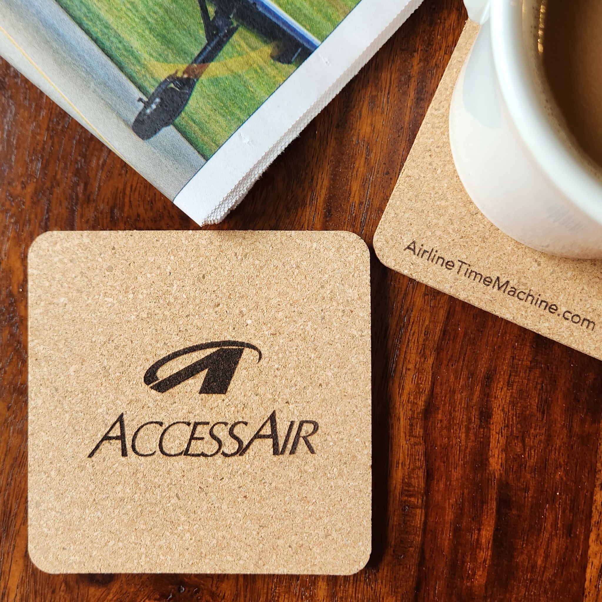 Image of cork coaster with AccessAir branding impression.