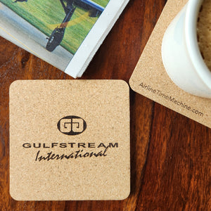 Image of cork coaster with Gulfstream International Airlines branding impression.