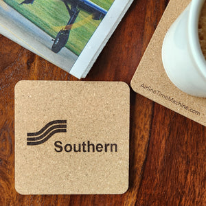 Image of cork coaster with Southern Airways branding impression.