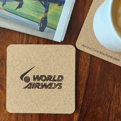 Image of cork coaster with World Airways branding impression.