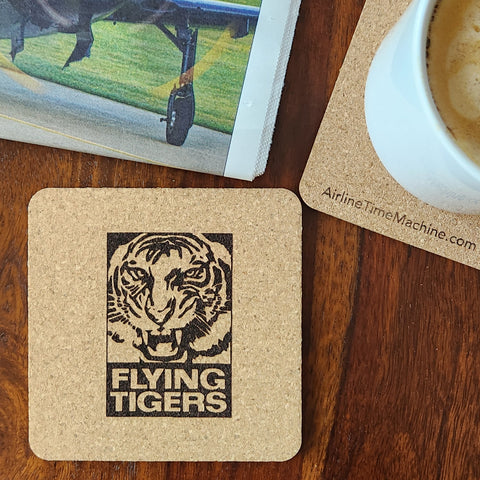 Image of cork coaster with Flying Tigers branding impression.
