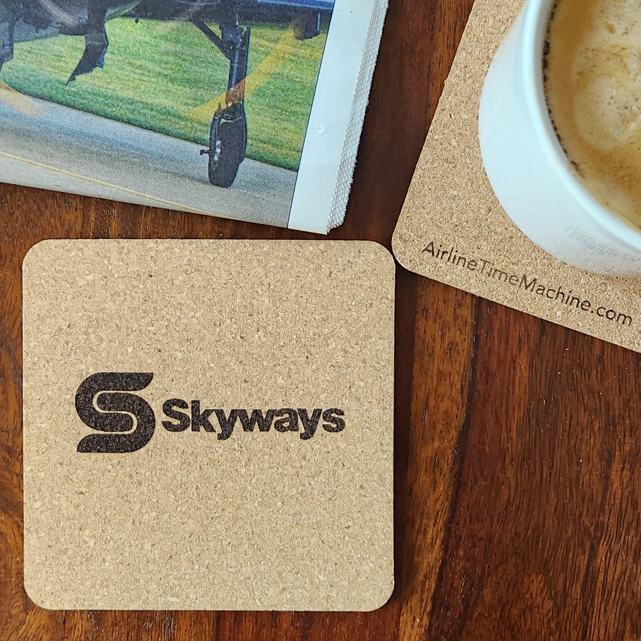 Image of cork coaster with Skyways branding impression.