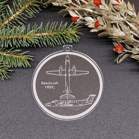 Image of acrylic round ornament with engraving of a Beechcraft 1900C.