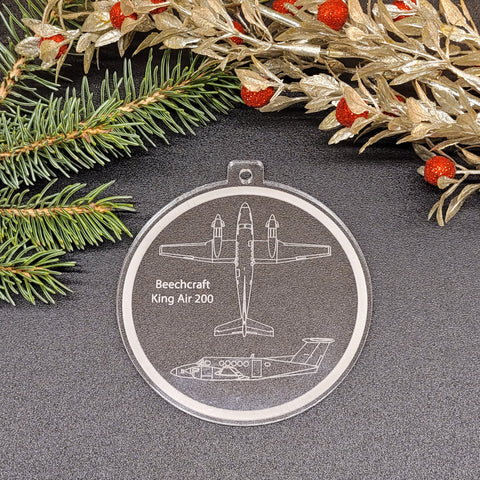 Image of acrylic round ornament with engraving of a Beechcraft King Air 200.