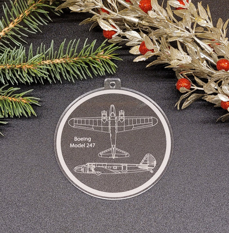 Image of acrylic round ornament with engraving of a Boeing Model 247.