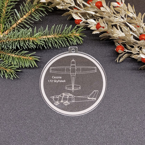 Image of acrylic round ornament with engraving of a Cessna 172 Skyhawk.