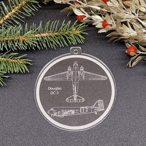 Image of acrylic round ornament with engraving of a Douglas DC-3.