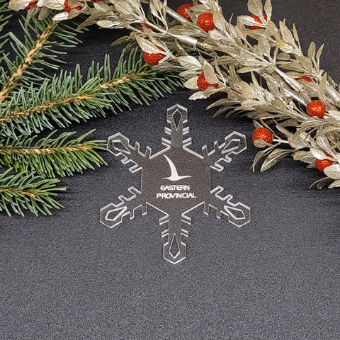 Image of acrylic snowflake ornament with Eastern Provincial Airways branding impression.