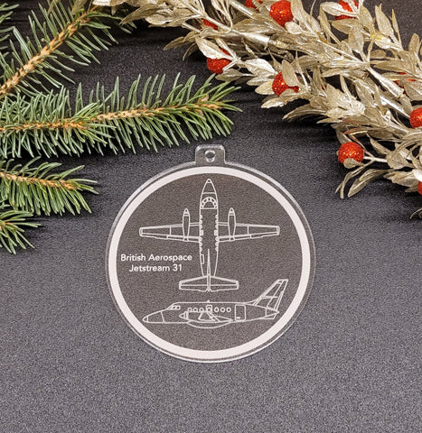 Image of acrylic round ornament with engraving of a British Aerospace Jetstream 31.