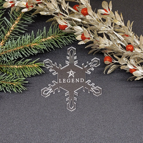 Image of acrylic snowflake ornament with Legend Airlines branding impression.