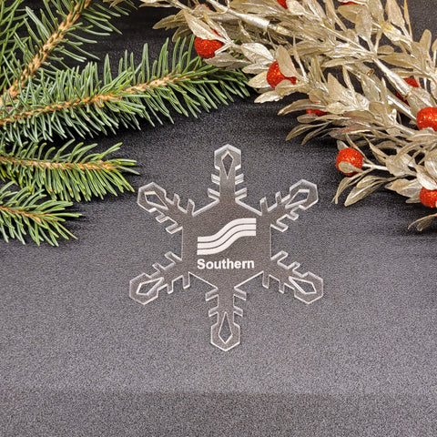 Image of acrylic snowflake ornament with Southern Airways branding impression.